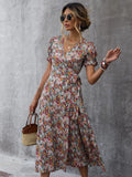 Dress Women Korea Chic Summer Dress Printed Flower V-neck Dress for Women Casual High Waist Split Midi Dress
