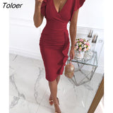 V-Neck Slim Office Lady Dress Ruffle Short Sleeve Bodycon Knee-length Dresses For Women 2022 Casual Summer Woman Work