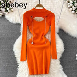Out Autumn Women Knitted Dress Long Sleeve Elastic Waist Fashion Warm Dress Winter Bodycon Mini Sweater
