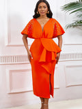 Summer Sexy V-Necked Lotus Leaf Side Open Nail Bead Party Dress Famous Temperament Banquet