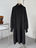 Women's Solid High Neck Roll Collar Sweater Dress 2022 Winter Khaki White Black Brown Long Loose Slim Padded Knit