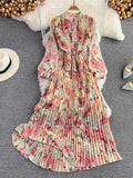 Spring Autumn Bohemian Women Tie Dye Printed Pleated Long Dress Boho Stand Collar Puff Sleeve High Waist Draped Maxi Vestido