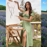 party Puff Sleeve High Split Floral Print Dress Summer Women Flroal Printed Ruched Party Maxi Dress Drawstring Sexy Vestidos