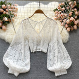 Autumn Black/White/Brown Sexy Lace Blouse Women Elegant V-Neck Puff Long Sleeve Open Back Short Tops Female Party Blusas
