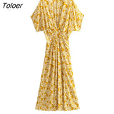 2023 Summer Floral Printed Split Sexy Maxi Dress Deep V Neck Short Sleeve Vintage Vestidos Casual Clothes Women