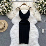 Backless Sleeveless Women Knitted Dress Slim Solid Gentle Fashion 2022 Summer V Neck Ladies A Line Midi