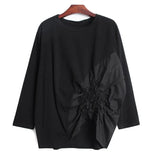 Women Spliced Pleated Loose Fit T-shirt New Round Neck Long Sleeve Fashion Tide All-match Spring Autumn 2023