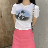Summer Korean Fashion Crop Tops Kawaii Fairycore Y2k Top Kpop Designer Clothes Cat Print Short Sleeve T-shirt