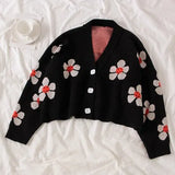 Flower Knit Cardigans Sweater Women Vintage Style Elegant Coat Loose Print Short Tops Cute V-Neck Female Sweater