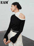 Gray Color-block Off Shoulder Knitting Sweater Turtleneck Long Sleeve Women Pullovers New Fashion Tide Autumn Winter
