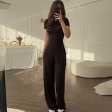 Summer New Women's Round Neck Solid Color Wide Leg Pants Commuting Leisure Suit