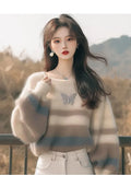 Toloer Fashion Style Sweater Korean Soft-Creative Languid Lazy Super-Good-Looking White Striped Print