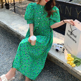 Casual Vestidos Floral Dresses Ladies Short Sleeve Retro Print Long Dress Female 2023 M-4XL Loose Green Women Dress