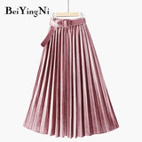 Autumn Winter Skirt Women With Belt Long Metallic Silver Maxi Pleated Skirt Midi High Waist Fashion Vintage Saia