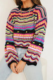 2023 New Fashion Vintage Urban Casual Hollow Out Rainbow Stripes O-Neck Long Sleeve Loose Pullover Sweater For