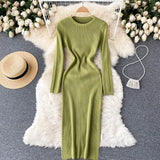 Women Autumn Knitted Dress Long Sleeve O Neck Elastic Slim Pencil Dress Korean Style Sexy Bodycon Sweater