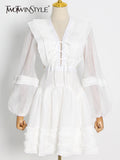 TWOTWINSTYLE White Lace Up Dress For Women V Neck Long Sleeve Cut Out Solid Elegant Mini Dresses Female Clothes Fashion New
