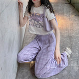 Korean Fashion Purple Plaid Pants Women Kawaii Soft Girl Oversize High Waist Wide Leg Checked Trousers For