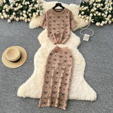 Suit Women's 2025 Summer High-End Round-Neck Short-Sleeved Bow Print Top High-Waisted Hip