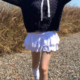 Y2k White Mini Skirt Women Summer Korean Fashion Embroidered Double-layer Ruffle Fairycore Cute High Waist Skirt