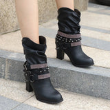 Graduation party Winter Women's Boots Fashion Put-on High Heel Ankle Boots Pointed Toe Square-Heel Buckle Women's PU Boots Zapatos De