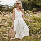 Graduation Party Gift Sweet White Suspender Dress Woman Sleeveless High Waist Holiday A-Line Dress New Summer Basic