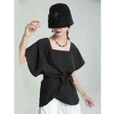 Women White Irreuglar Hem Bandage Bow Elegant T-shirt New Square Collar Short Sleeve Fashion Spring Summer 2023