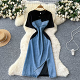 Version Of Fashion Elegant Irregular Short Sleeve Splicing Diamond-Singed Waist Denim Dress Women's Summer Open Fork Long