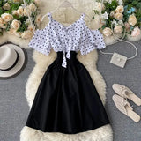 Women Dress Dot Patchwork Bow Tie V Neck Sexy Strapless Vestidos Femme Stretch High Waist A-line Dresses 2022 New