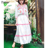 Embroidery Vacation Elegant Midi Dress Women 2023 Spring Elastic Waist Long Sleeve Cotton Long Dress V Neck Ethnic