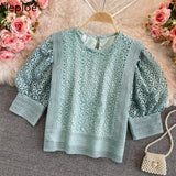 Women Blouses O-neck Puff Sleeve Crochet Floral Shirts Chic Hollow Out Blouse Lace Sweet Temperament Tops