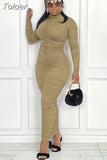 Brown Blue Solid Simple Pleated Maxi Dress Women Turtleneck Full Sleeve Bodycon Dresses Casual Body-shaping Party