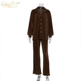 Casual High Wasit Pants Set Women Autumn Long Sleeve Blouses Matching Wide Trousers Suit Green Pleated 2 Piece Pant