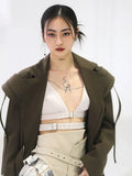 Women Brown Big Size Belted Ribbon Blazer New Lapel Long Sleeve Loose Fit Jacket Fashion Tide Spring Autumn 2023