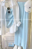 Suspender Vest Long Sleeved Chiffon Shirt Wide Leg Pants Three Piece Elegant Women's Pants Set Casual Outfits