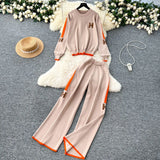 Letter Embroidered Knitted Shirt Long Sleeve Sweater High Waist Broad Leg Trousers Casual Sports Two-Piece Suit
