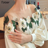 Patchwork Elegant Satin Blouse Women Vintage Lantern Sleeve Embroidered Woman Shirt Solid O-neck Tops Women Clothing