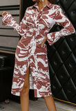 Elegant Print Turndown Collar Button Long Sleeve Midi