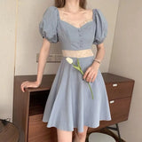 Sleeve Dresses Women Blue Original Design Lace Patchwork Empire Elegant Summer Classic Square Collar Temperament