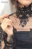 New Transparent Korean Loose Women Lace Blouse 3 Colors Female Bottoming Blouses Plus Size Cheaper