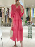 Ruched Midi Dresses For Female V Neck Batwing Sleeve High Waist Loose Summer dress women 2023 Fashion Clothes Style