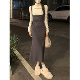 Autumn 2 Piece Dress Set Women Elegant Bodycon Midi Dress Female Y2k Clothing Korean Fashion Knitted Sweater + Strap