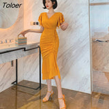 Fashion Party Dress Women Elegant Summer Sexy Ruffle Sleeve V-Neck Orange Mermaid Midi Club Prom Beach Stretch Robe
