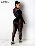 Mesh Skinny Velvet Rompers Womens Jumpsuit Autumn Fall Clothes 2023 Long Sleeve High Necked See Through Party Club
