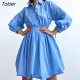 Elegant Black Mini Dress Lantern Sleeve Pleated Autumn Turn Down Collar Shirt Dress Casual Solid Bodycon Dresses For