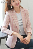Women Elegant Plaid Blazer Long Sleeve Single Button Slim Checked Coat Formal Office Work Jacket Outerwear Pink