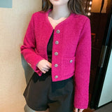 Elegant Small Fragrance Rose Tweed Women's Short Jacket Coat Fall Winter Fashion Single-Breasted Woolen Blended