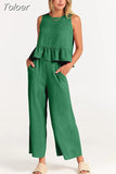 Summer Casual Sleeveless Pleated Pants Sets Wide-leg Loose Clothes 2 Piece Sets O Neck Trouser Suits Two Piece Set