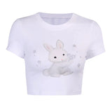 Cute Sweet T-shirt Women Short Sleeve Bunny Printed O-neck Slim Short crop top Tees Ins Style Sexy Streetwear Graphic