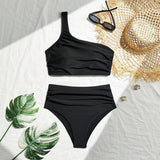 2024 New Solid-Color Draw-Folded High-Waisted One-Shoulder Split Swimsuit